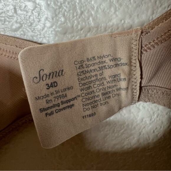 Soma 111603 Tan Nude Floral Stunning Support Full Coverage Bra 34D - Picture 6 of 7